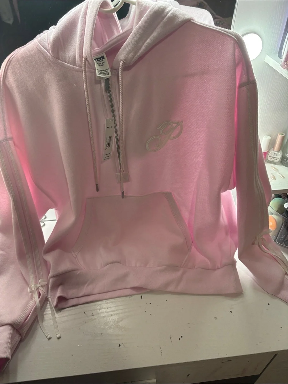 PINK Victoria's Secret Light Pink Half-Zip Hooded Sweatshirt